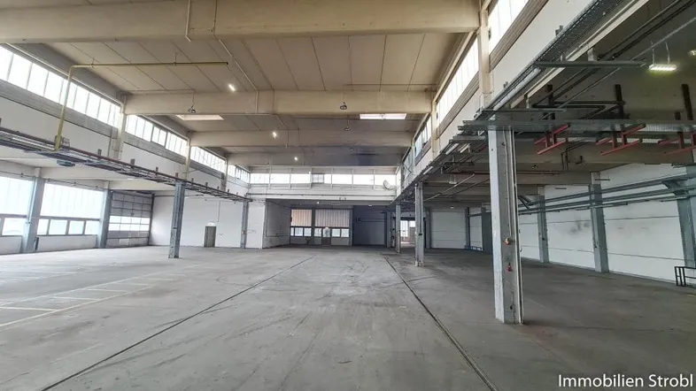 Große, leere Lagerhalle mit hohen Decken, vielen Fenstern und Betonboden, bereit zur Nutzung.