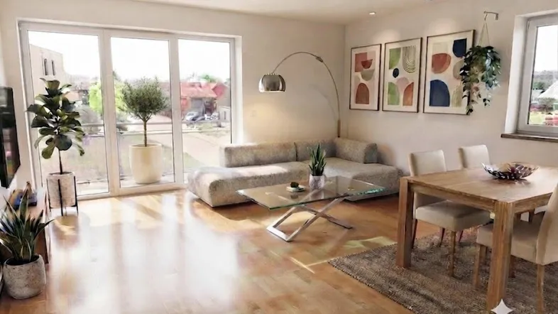 Helles Wohn- und Esszimmer mit Holzboden, großen Fenstern und Zugang zum Balkon.