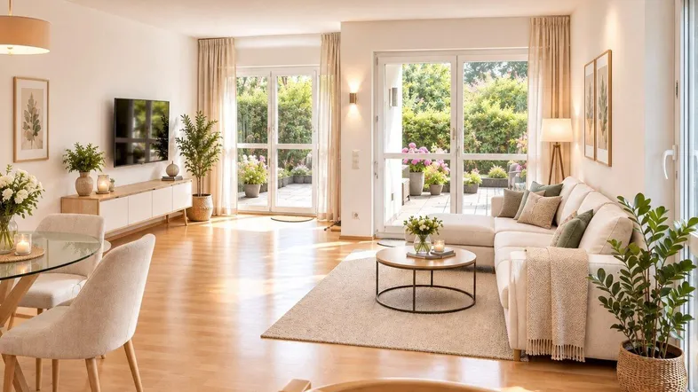 Heller, offener Wohn- und Essbereich mit Holzboden, modernen Möbeln und direktem Zugang zur Terrasse.