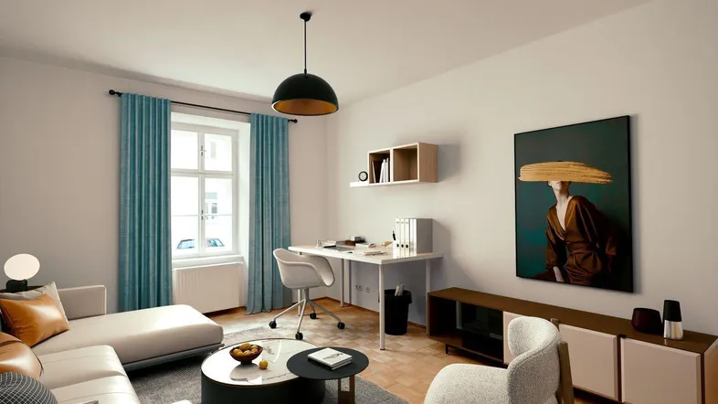 Helles Wohnzimmer mit modernem Sofa, Schreibtischbereich und Parkettboden.