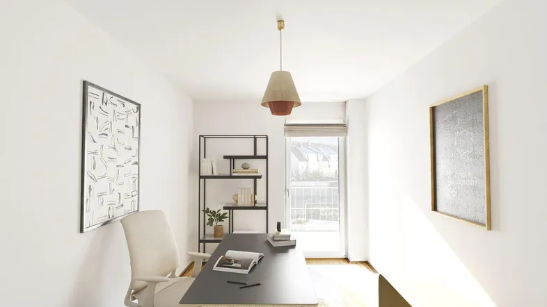 Helles Arbeitszimmer mit modernem Schreibtisch, Teppich und Blick ins Grüne.