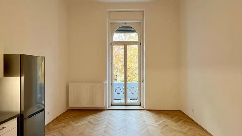 Heller Raum mit Fischgrätparkett, kleiner Küchenzeile und französischem Balkon, ideal für ein Studio-Apartment.