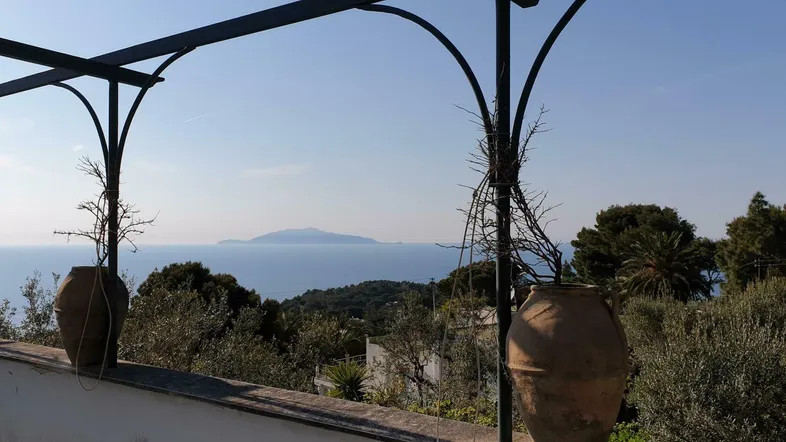 Meerblick von einer Terrasse mit Pergola und mediterraner Vegetation in sonniger Lage.
