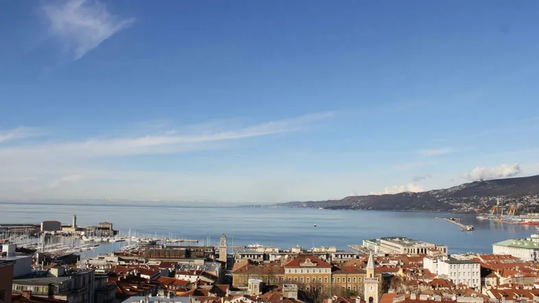 Panoramablick auf die Küstenstadt mit Hafen, Meer und Bergen unter blauem Himmel.