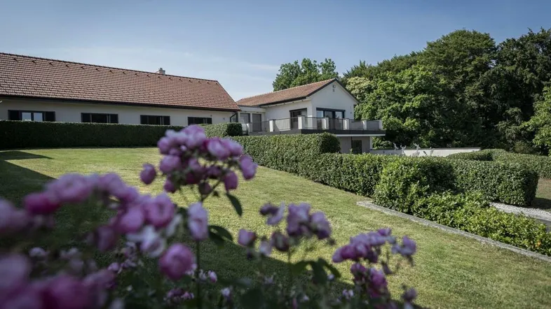 Gepflegter Gartenbereich mit blühenden Rosen und Blick auf das Anwesen unter blauem Himmel.