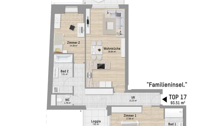 Detaillierter Grundriss der Wohnung TOP 17 mit offener Wohnküche, zwei Bädern und Balkon.