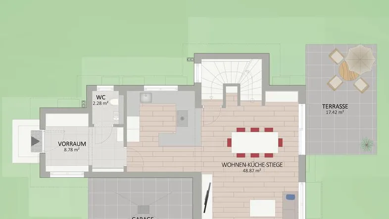 Grundriss des Erdgeschosses mit offenem Wohn- und Küchenbereich, separatem WC und großer Terrasse.