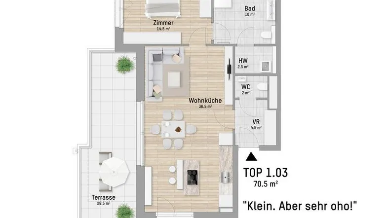 Grundriss einer modernen Wohnung mit offenem Wohn-Essbereich, einem Schlafzimmer, Bad und einer großen Terrasse.