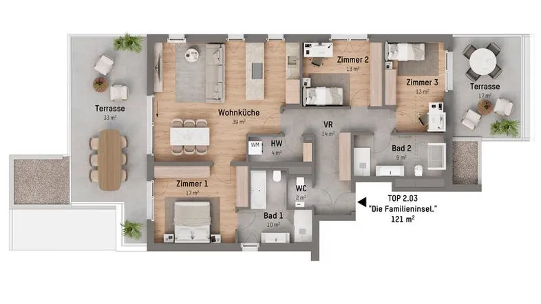 Detaillierter Grundriss einer modernen Wohnung mit drei Schlafzimmern, zwei Bädern und zwei großzügigen Terrassen.