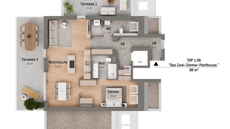 Grundriss eines modernen Zwei-Zimmer-Penthouses mit offener Wohnküche, zwei Terrassen und separatem WC.