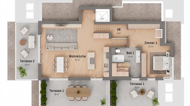 Grundriss einer Wohnung mit großer Wohnküche, Schlafzimmer, Bad mit Sauna und zwei Terrassen, inklusive Liftzugang.