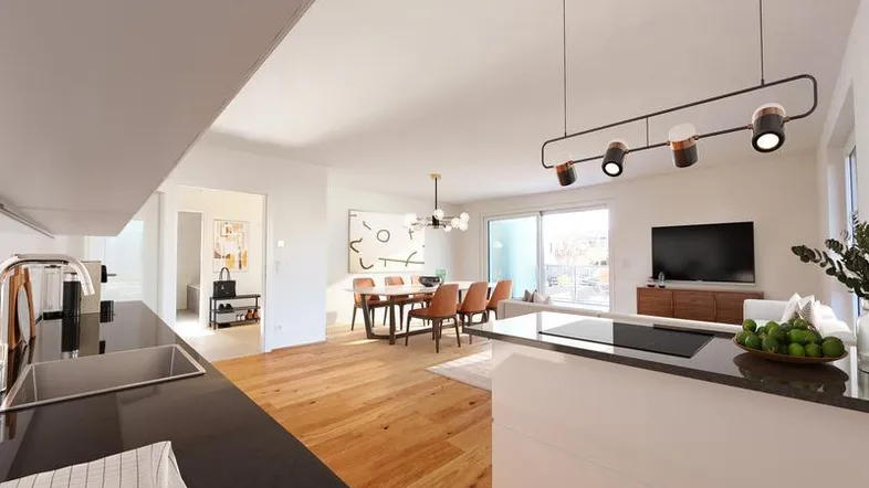 Moderne offene Wohnküche mit Kochinsel, Essbereich und hellem Wohnzimmer.
