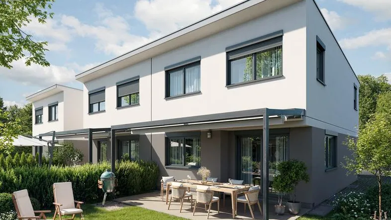 Moderne Reihenhäuser mit gepflegtem Garten, Terrasse und Außenbereich zum Grillen.