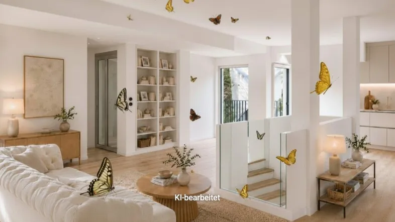 Helles, modern eingerichtetes Wohnzimmer mit integrierten Regalen und Zugang zu einem Balkon.
