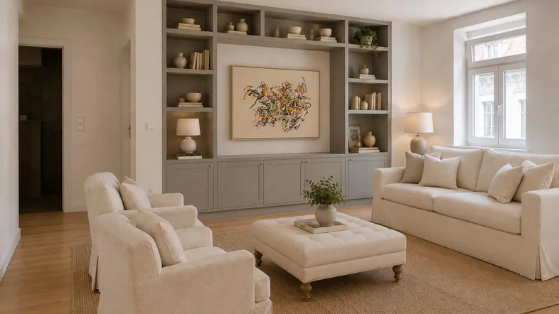 Helles Wohnzimmer mit beigefarbenen Sofas, Holzboden und einem großen Einbauregal.