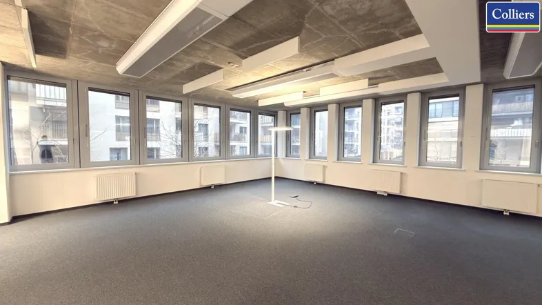 Geräumiges Büro mit Teppichboden, vielen Fenstern und moderner Deckenbeleuchtung, bereit zur individuellen Gestaltung.