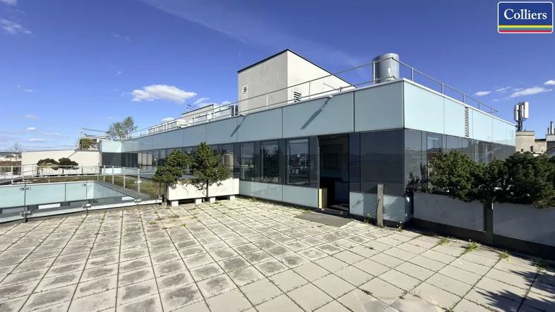 Große Dachterrasse mit Steinplatten und moderner Gebäudefassade unter blauem Himmel.