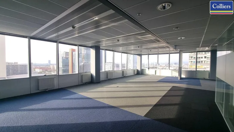 Geräumiges, leeres Büro mit Teppichboden und großen Fenstern, die einen weiten Stadtblick bieten.