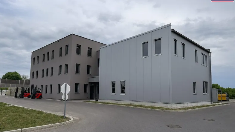 Modernes Geschäftsgebäude mit zwei unterschiedlichen Fassadenbereichen und einem Vorplatz unter bewölktem Himmel.
