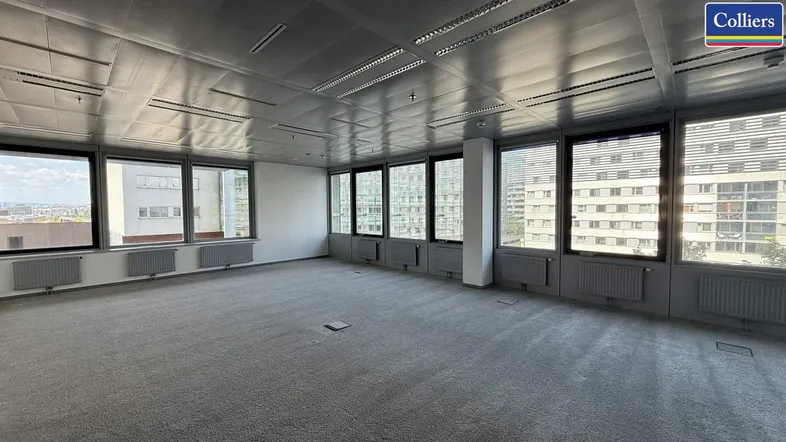 Geräumiges Büro mit Teppichboden, großen Fenstern und Blick auf die Stadtlandschaft.