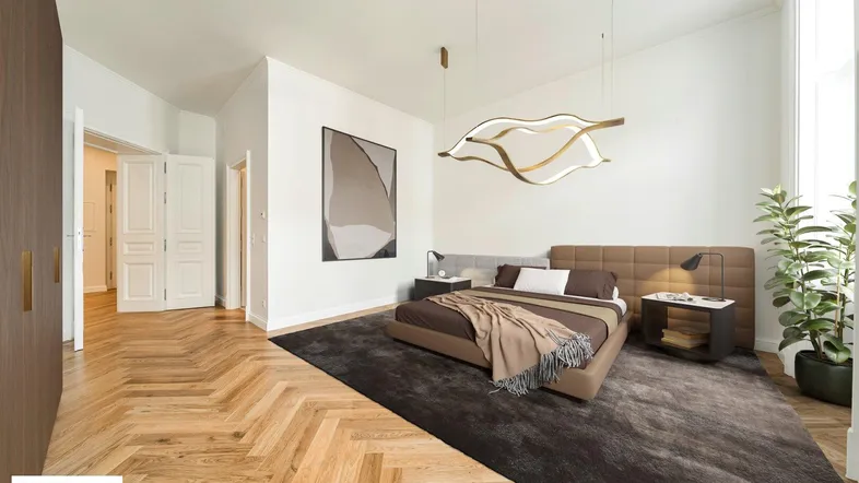 Helles Schlafzimmer mit elegantem Fischgrätparkett, modernem Bett und stilvoller Beleuchtung.