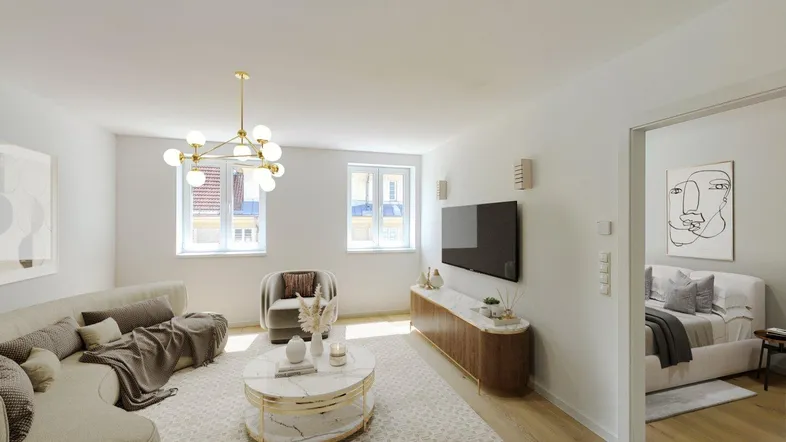 Helles Wohnzimmer mit modernem Mobiliar, Parkettboden und Blick in ein angrenzendes Schlafzimmer.