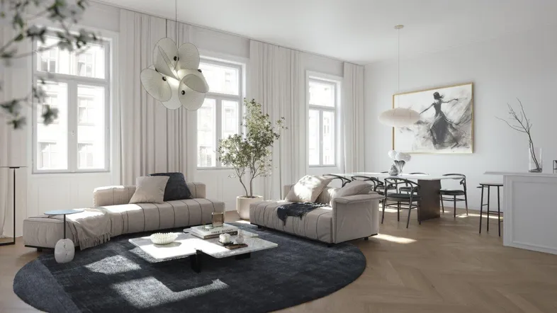 Helles, modernes Wohn-Esszimmer mit Fischgrätparkett, bequemen Sofas und einem eleganten Essbereich.