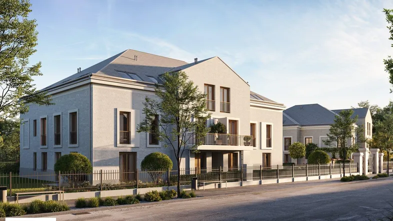 Visualisierung eines modernen Mehrfamilienhauses mit eleganter Fassade und Balkonen an einer ruhigen Straße.