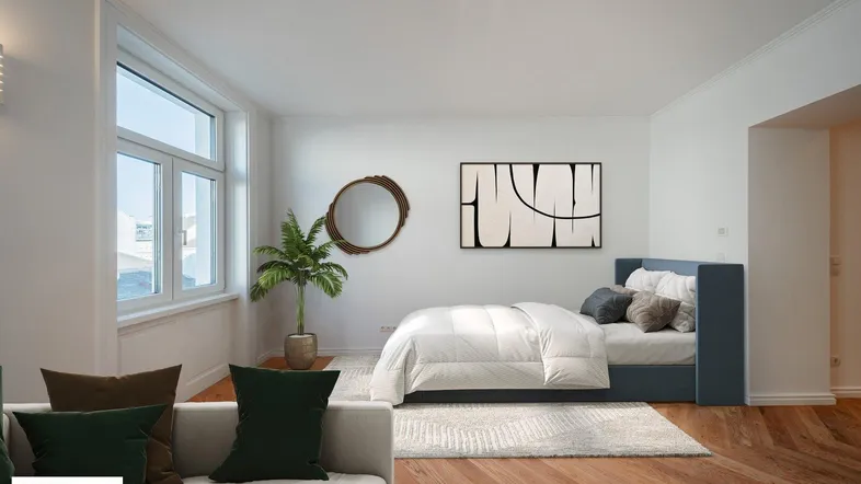 Heller Wohnbereich mit Holzboden, großem Fenster und modernem Bett in einem offenen Grundriss.