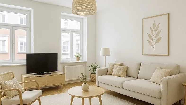 Helles Wohnzimmer mit modernem Sofa, Holzboden und großen Fenstern, die viel Tageslicht hereinlassen.