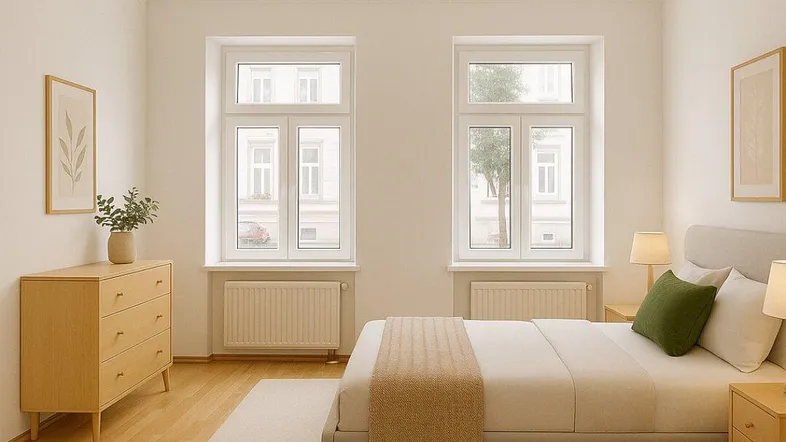 Helles Schlafzimmer mit Holzboden, zwei Fenstern und schlichter Einrichtung.