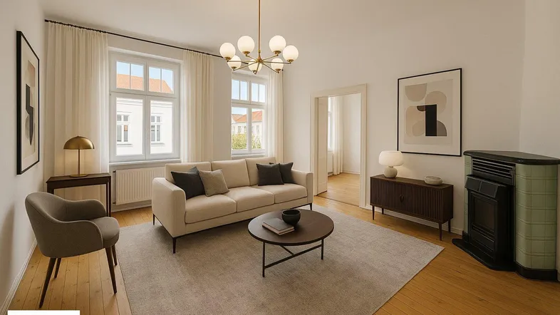 Helles Wohnzimmer mit Parkettboden, modernen Möbeln und einem traditionellen Kachelofen.