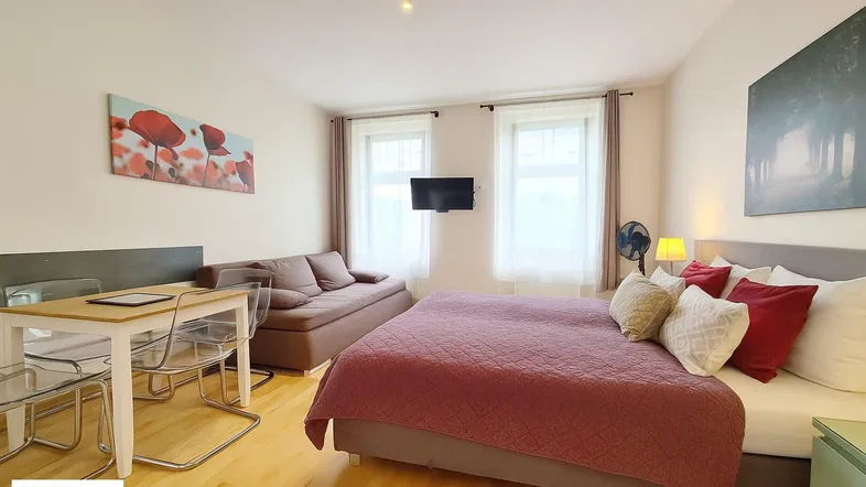 Helles Studio-Apartment mit Schlafbereich, Sofa und Esstisch, ideal für Einzelpersonen oder Paare.