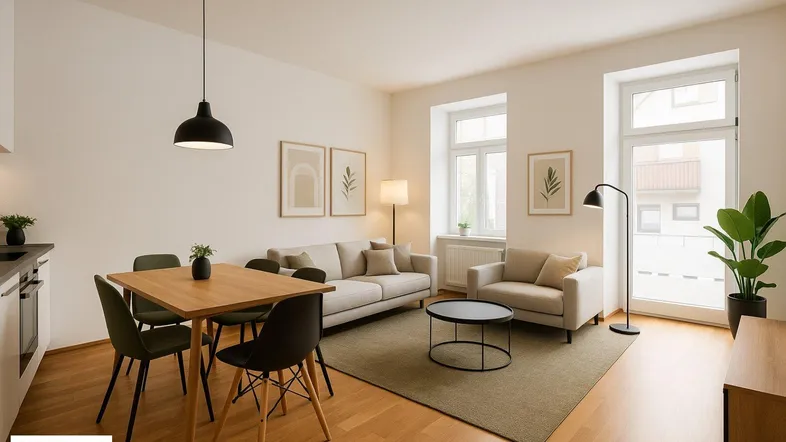 Helles Wohn- und Esszimmer mit Holzboden, modernen Möbeln und großen Fenstern.