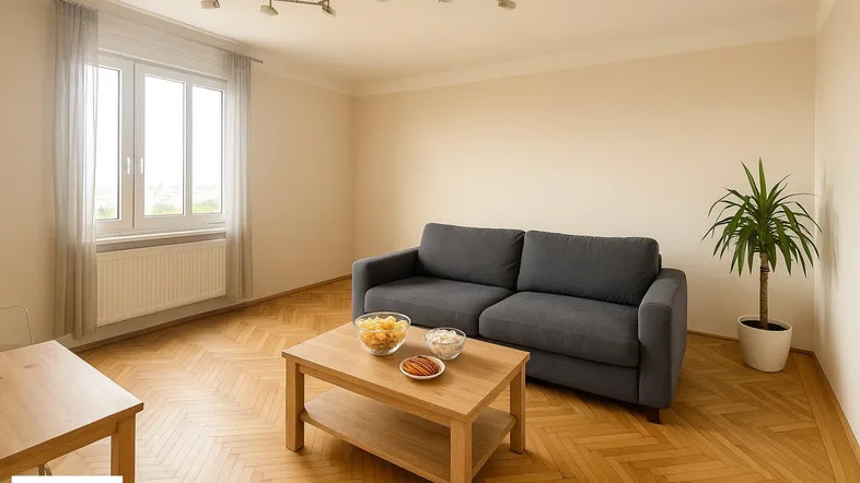 Helles Wohnzimmer mit Parkettboden, Sofa und Couchtisch, bietet eine angenehme Wohnatmosphäre.