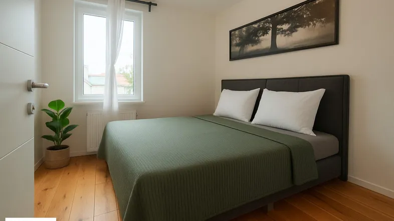 Helles Schlafzimmer mit Holzboden, einem bequemen Bett und einem Fenster mit Blick nach draußen.