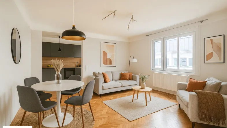 Helles Wohn- und Esszimmer mit Fischgrätparkett, modernen Möbeln und offener Küchenzeile im Hintergrund.