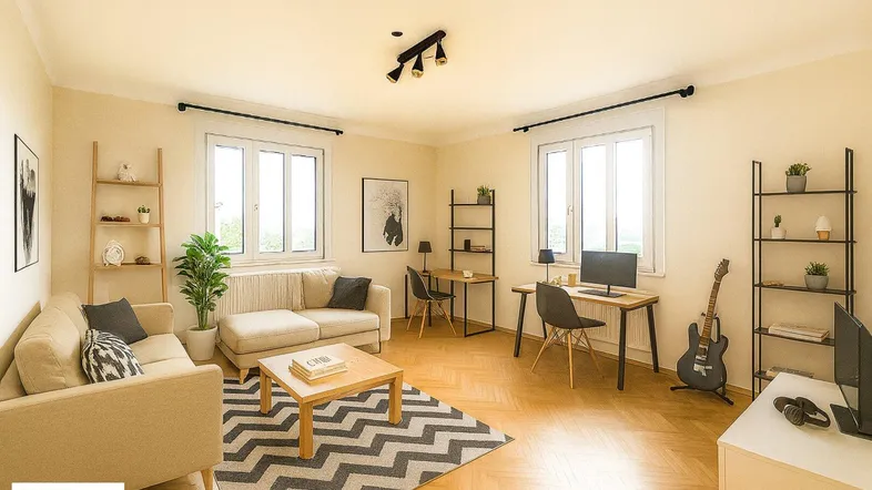 Helles Wohnzimmer mit Parkettboden, zwei Sofas und Arbeitsbereichen an den Fenstern.