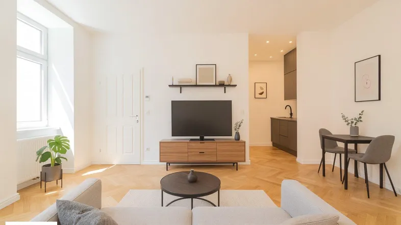 Helles Wohnzimmer mit Fischgrätparkett, moderner Einrichtung und offener Küche im Hintergrund.