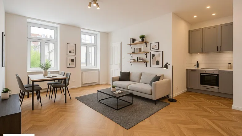 Helles Wohn- und Esszimmer mit offener Küche, Fischgrätparkett und modernen Möbeln.