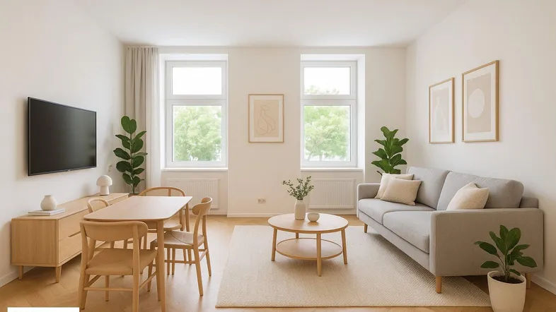 Helles Wohn- und Esszimmer mit modernem Mobiliar, Parkettboden und Blick ins Grüne.