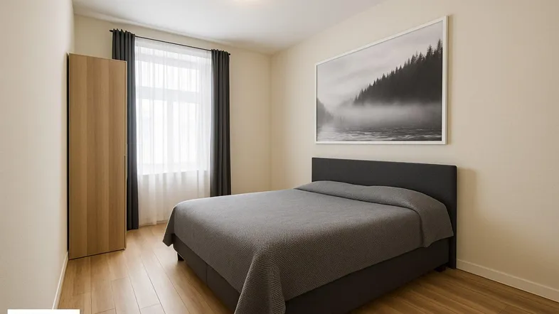 Helles Schlafzimmer mit Holzboden, einem Doppelbett und einem Kleiderschrank.