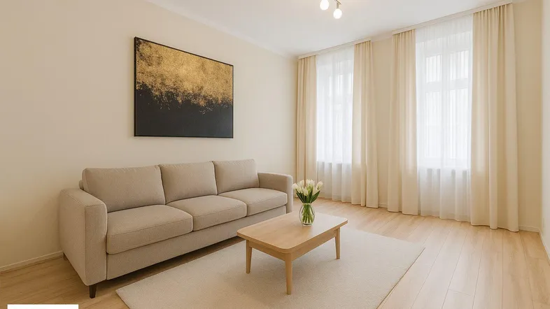 Helles Wohnzimmer mit beigem Sofa, Holzboden und einem modernen Kunstwerk an der Wand.