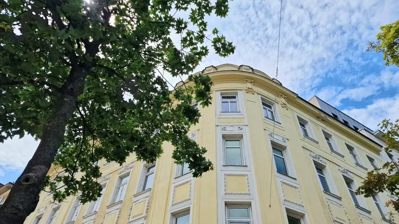 Historisches Gebäude mit gelber Fassade und vielen Fenstern, umgeben von grünen Bäumen unter blauem Himmel.