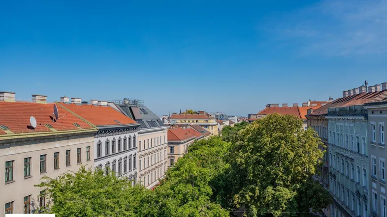 Panoramablick über die Dächer der Stadt mit grünen Bäumen unter blauem Himmel.