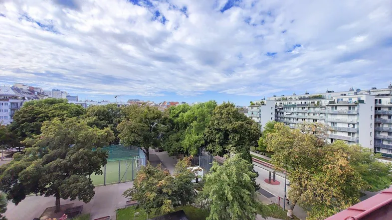 Weitläufiger Blick von oben auf eine grüne Parkanlage mit Sportplatz und städtischer Bebauung.