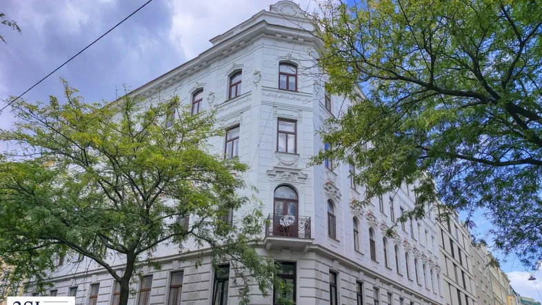 Historisches Eckgebäude mit klassischer Architektur und verzierten Fassadendetails in urbaner Umgebung.