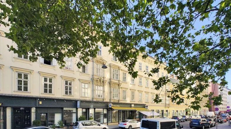 Historisches Gebäude an einer belebten Straße mit parkenden Autos und grünen Bäumen im Vordergrund.