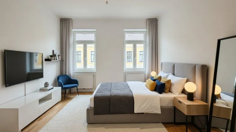 Helles Schlafzimmer mit Holzboden, großem Bett und moderner Einrichtung, ideal zum Entspannen.