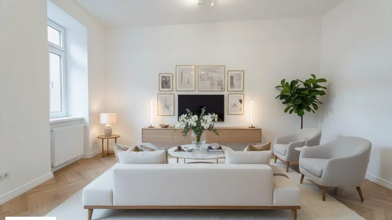 Helles Wohnzimmer mit modernem Design, Parkettboden und stilvoller Einrichtung.